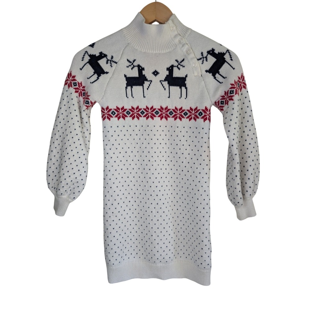 Janie and Jack Reindeer Sweater Dress Girls 8 White Fair Isle Knit Holiday